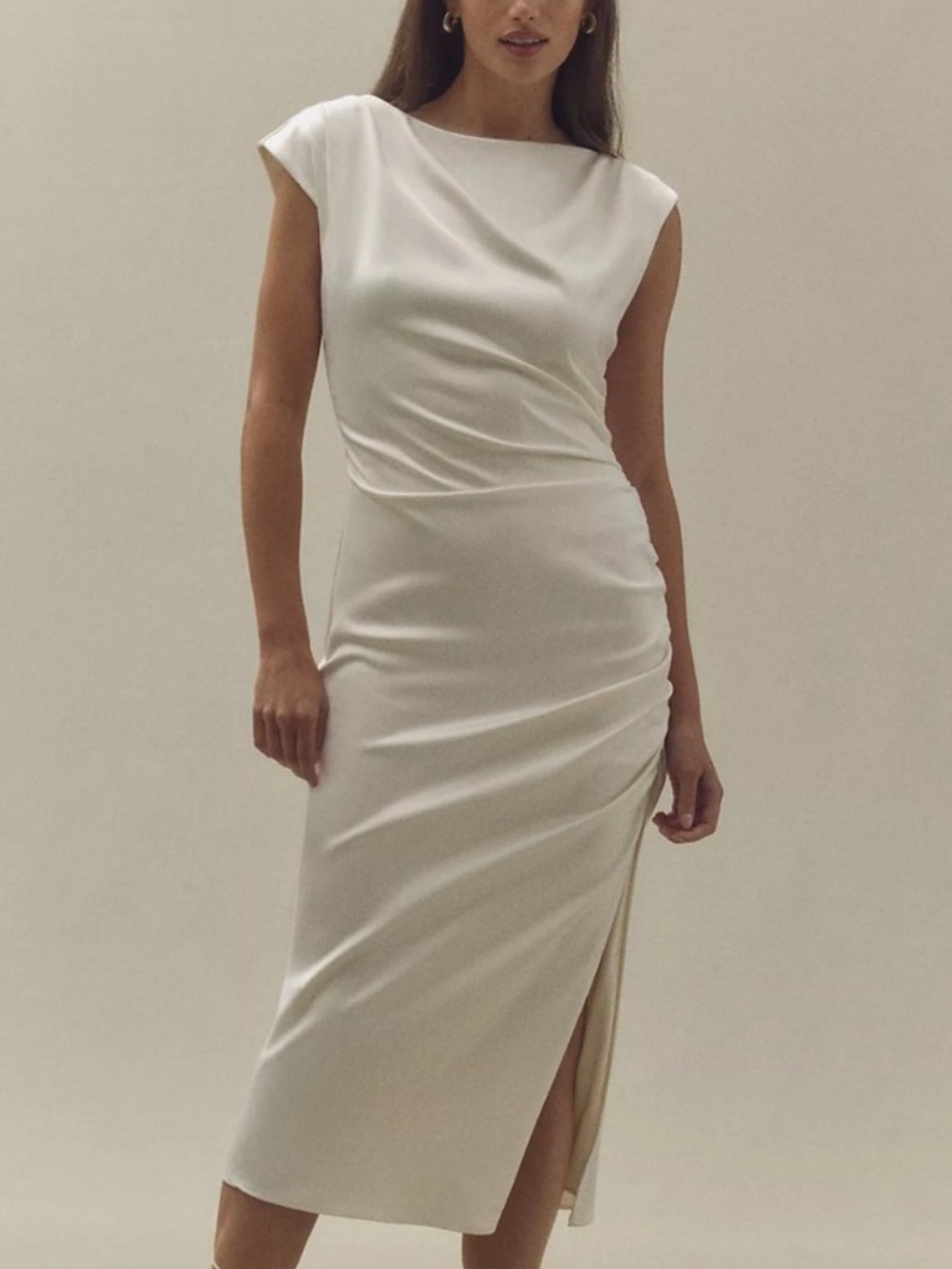 BHLDN Anthropologie Women’s Francesca High Neck Stretch Satin White Midi Dress